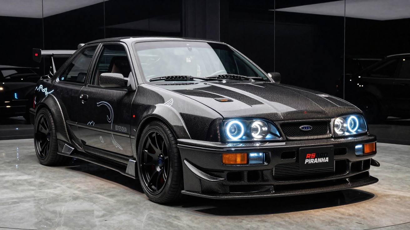 Carro esportivo preto com motor Ford RS 500 e faróis dianteiros acesos em garagem espelhada.