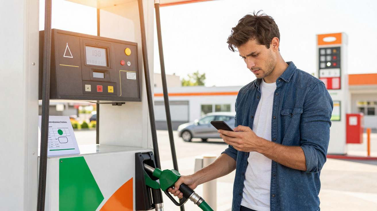 Homem segurando bomba de combustível e usando celular em posto de gasolina durante o dia.