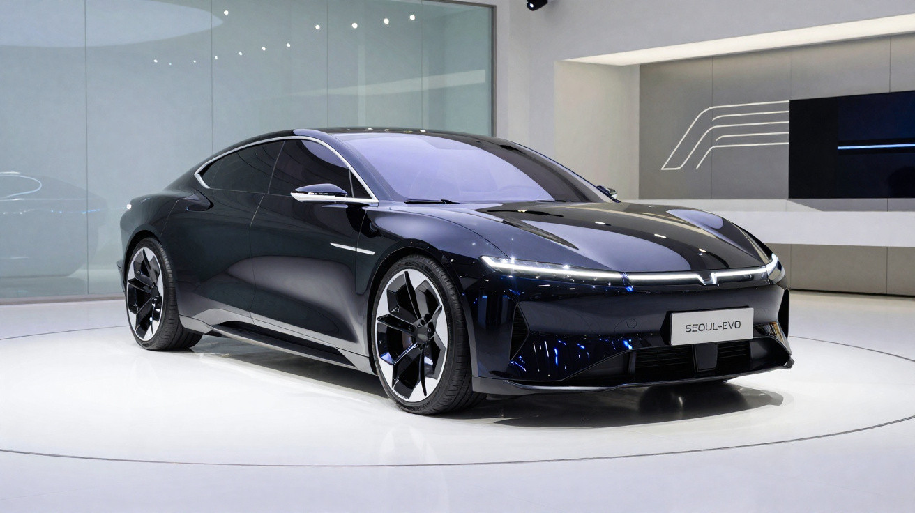 Carro elétrico preto estiloso modelo Seoul-Evo exposto em ambiente moderno com luz branca.
