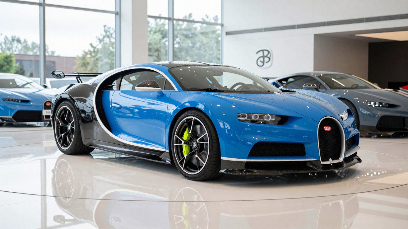 Carro esportivo Bugatti azul e preto em exposição interna com piso branco brilhante.