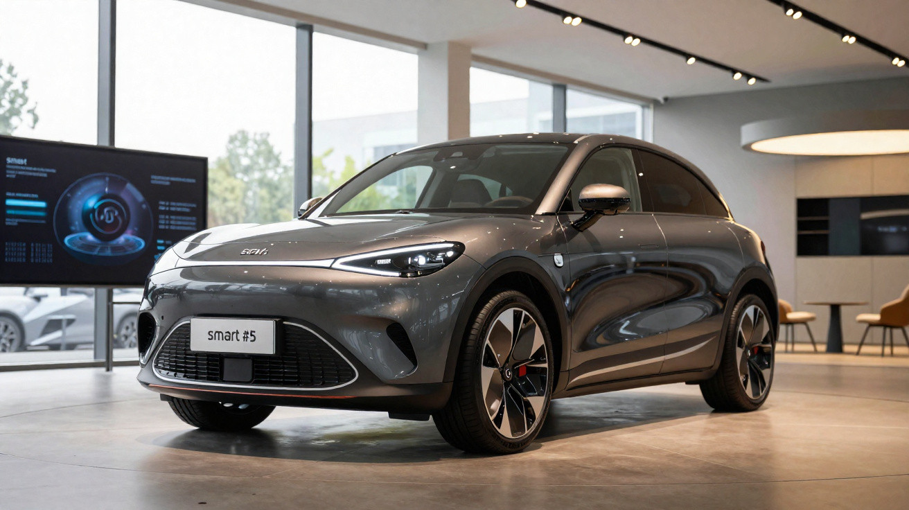 Carro elétrico Smart #5 cinza exibido em showroom moderno com iluminação natural e decoração minimalista.