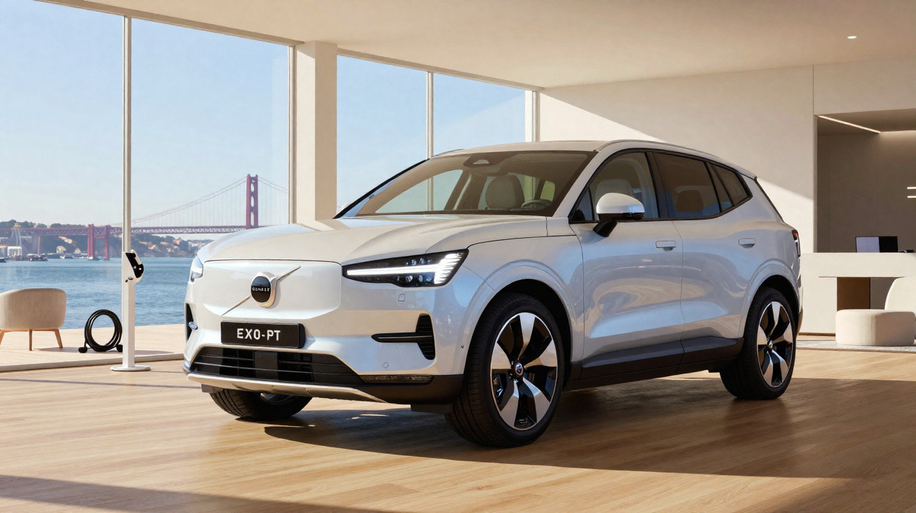 Carro elétrico branco estacionado em sala moderna com janelas amplas e vista para ponte e rio.