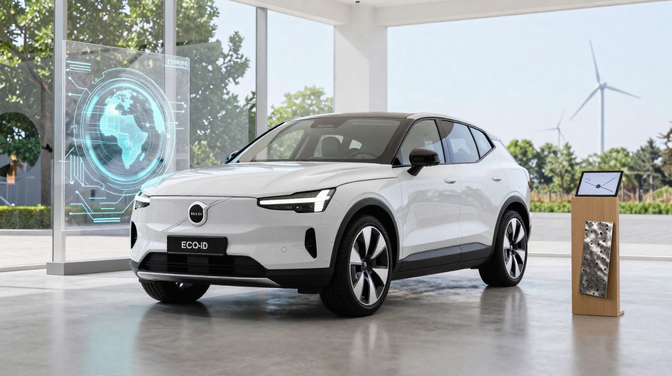 Carro elétrico branco Polestar ECO-ID em showroom com gráficos digitais e turbinas eólicas ao fundo.