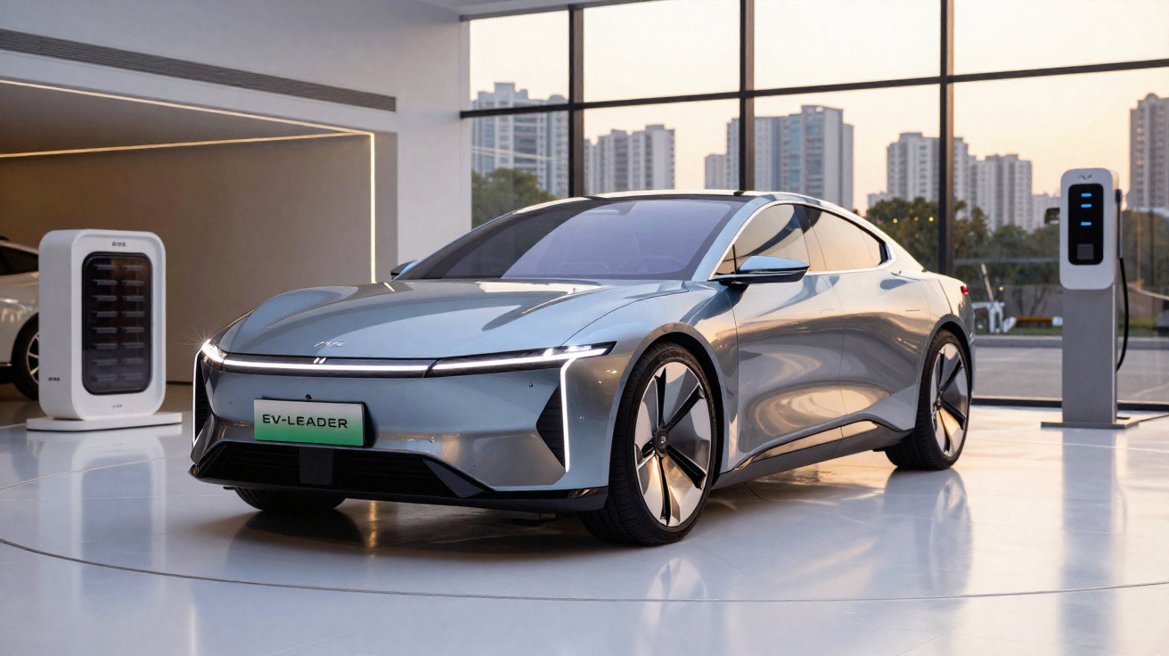 Carro elétrico moderno prata estacionado em sala com estações de recarga ao fundo.