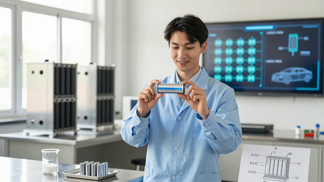 Homem de jaleco azul analisa bateria em laboratório com equipamentos e tela digital ao fundo.