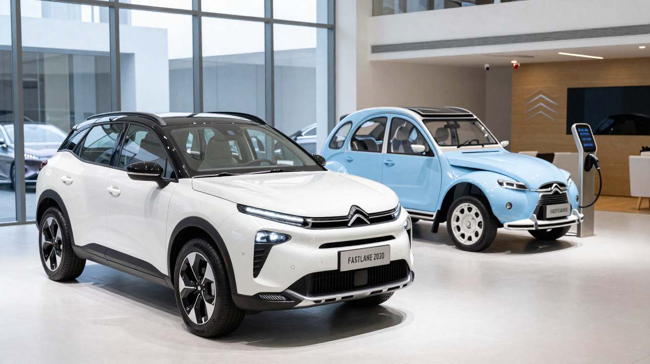 Dois carros Citroën expostos em showroom, um branco moderno e um azul clássico elétrico.