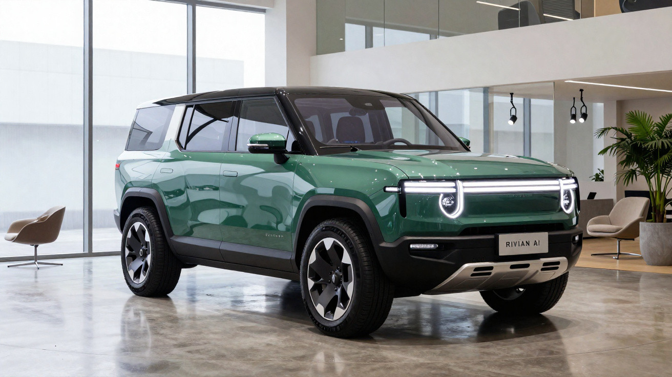SUV elétrico verde com teto preto em showroom moderno e iluminação natural.