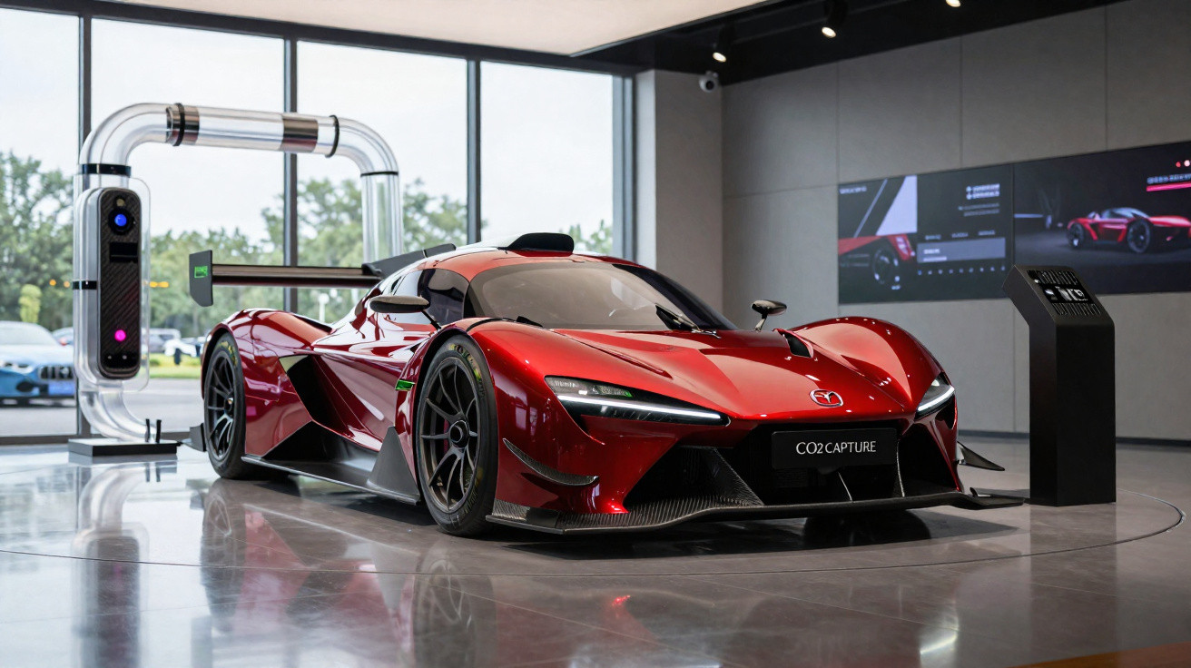 Carro esportivo vermelho futurista exibido em showroom moderno com instalação para captura de CO2 ao redor.