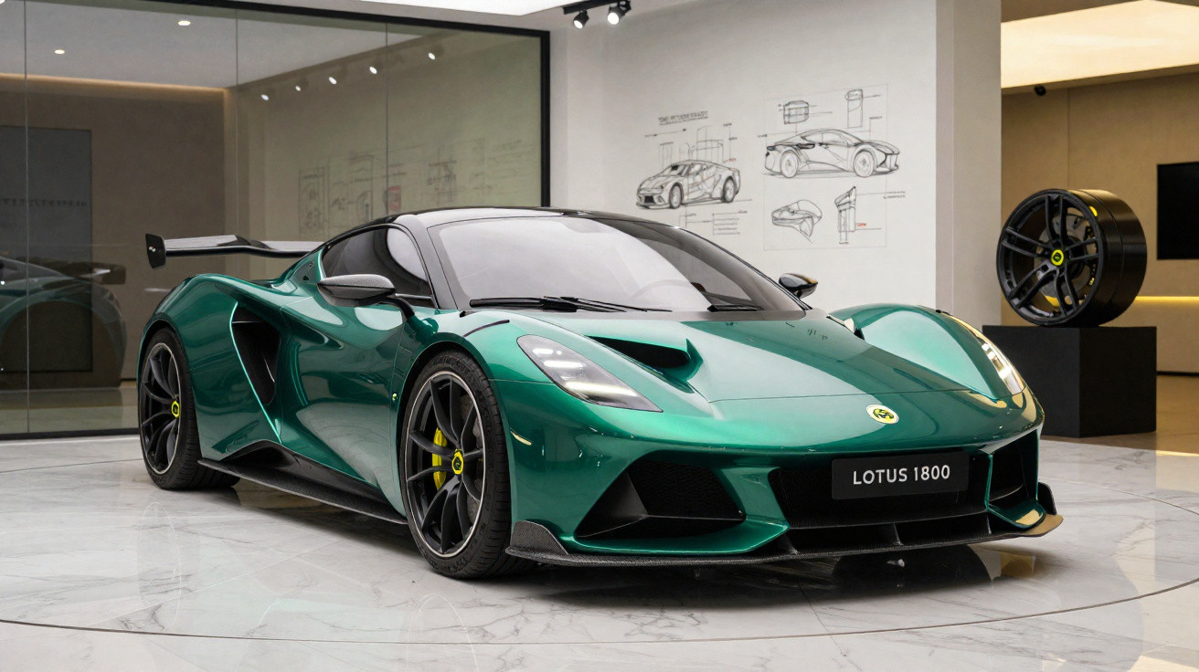 Carro esportivo Lotus 1800 verde em sala de exposição com detalhe em roda preta e amarelo.