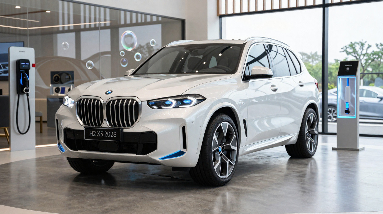 Carro SUV branco BMW H2 X5 2028 exibido em showroom moderno com estações de carregamento elétrico.