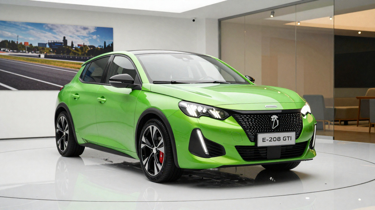 Carro elétrico verde Peugeot E-208 GTI exposto em ambiente moderno e iluminado.