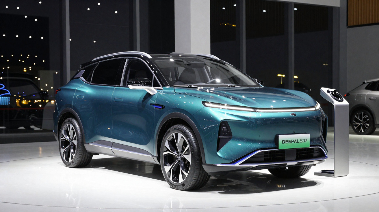 Carro elétrico SUV Deepal S07 azul exibido em ambiente interno moderno com carregador ao lado.