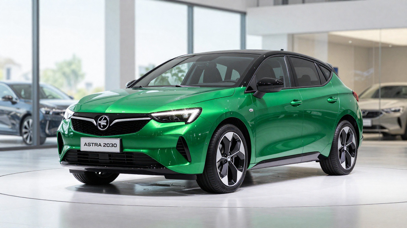 Carro hatchback verde modelo Astra 2030 exibido em showroom moderno com grandes janelas.