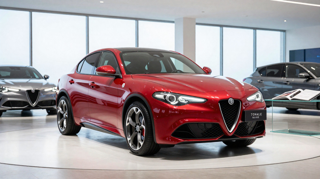 Carro Alfa Romeo Tonale vermelho exposto em showroom moderno com iluminação natural.