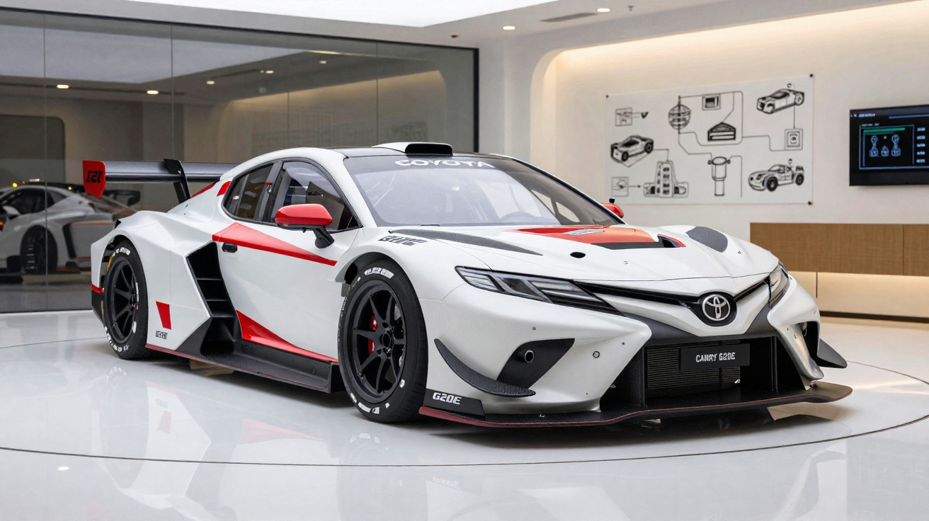 Carro esportivo Toyota branco com detalhes em vermelho exibido em ambiente interno moderno.
