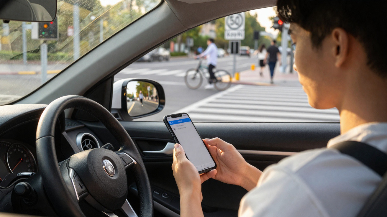 Motorista sentado no carro olhando para o celular com ciclista passando em faixa de pedestres à frente.