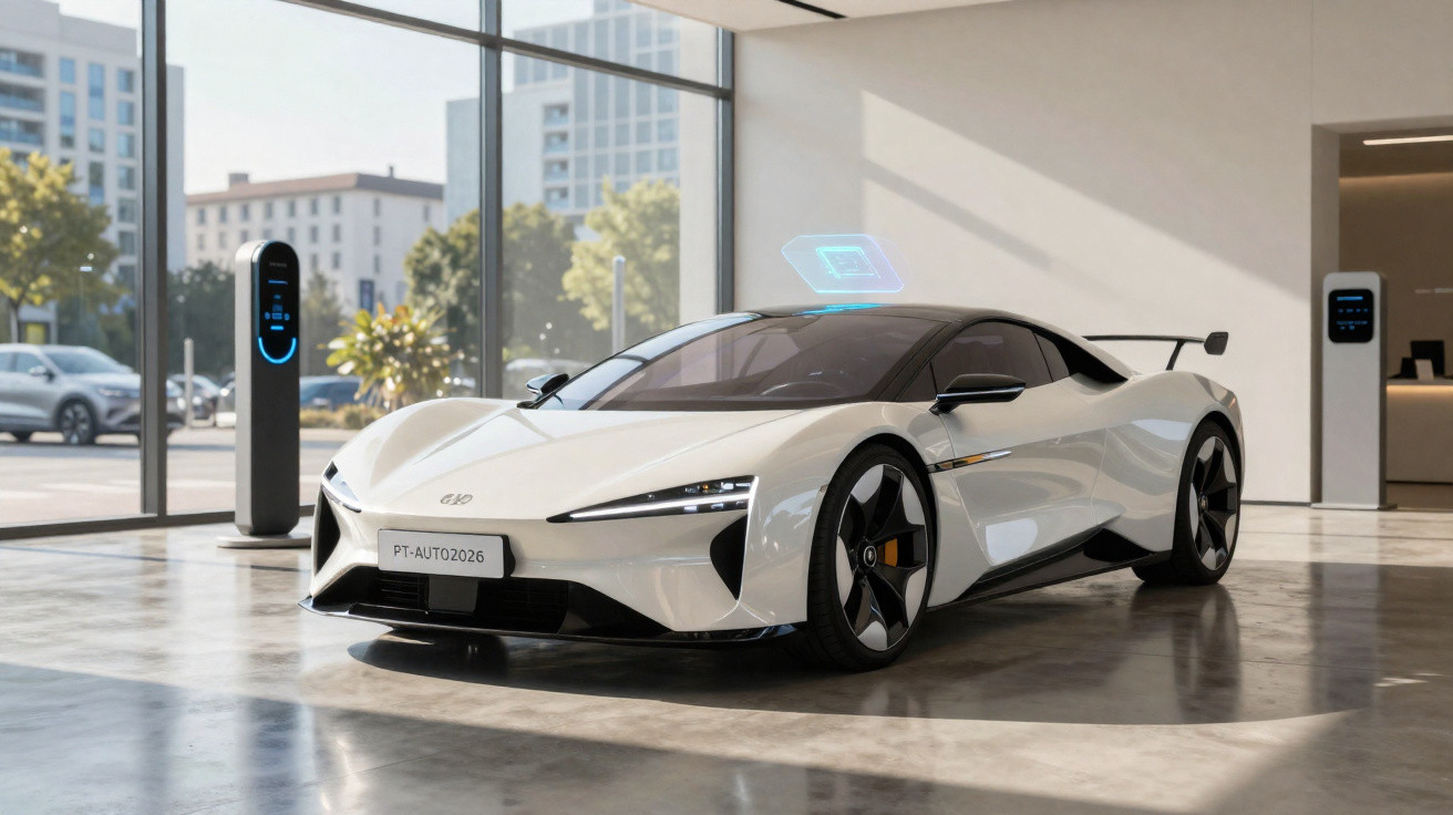 Carro esportivo elétrico branco estacionado em showroom moderno com carregadores ao redor.