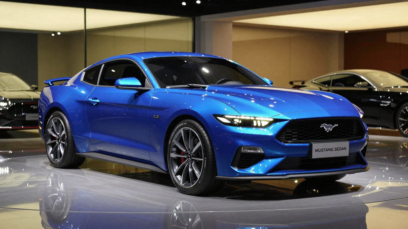 Carro esportivo azul Ford Mustang Sedan exibido em salão de automóveis com iluminação interna.