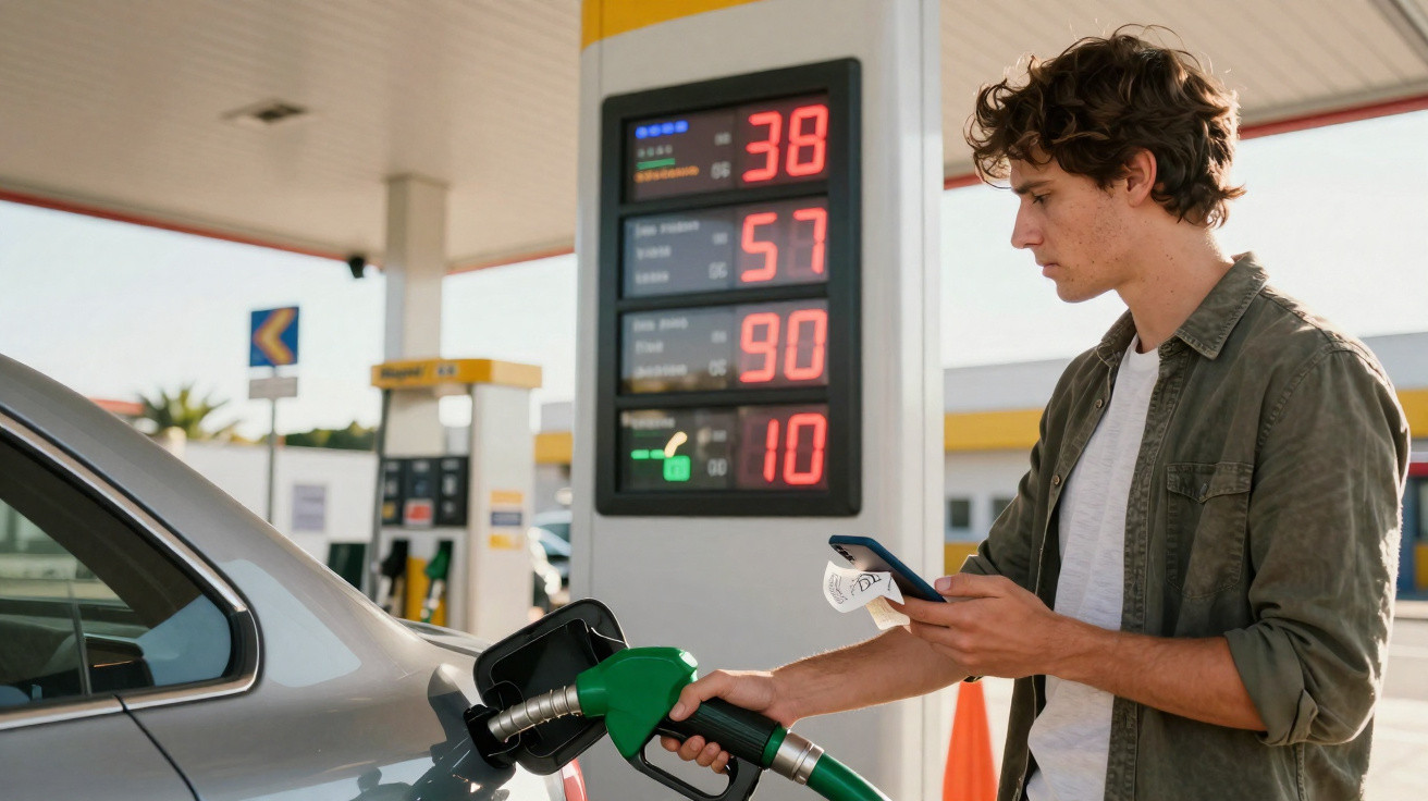 Homem abastecendo carro com gasolina em posto, segurando celular e nota fiscal na outra mão.