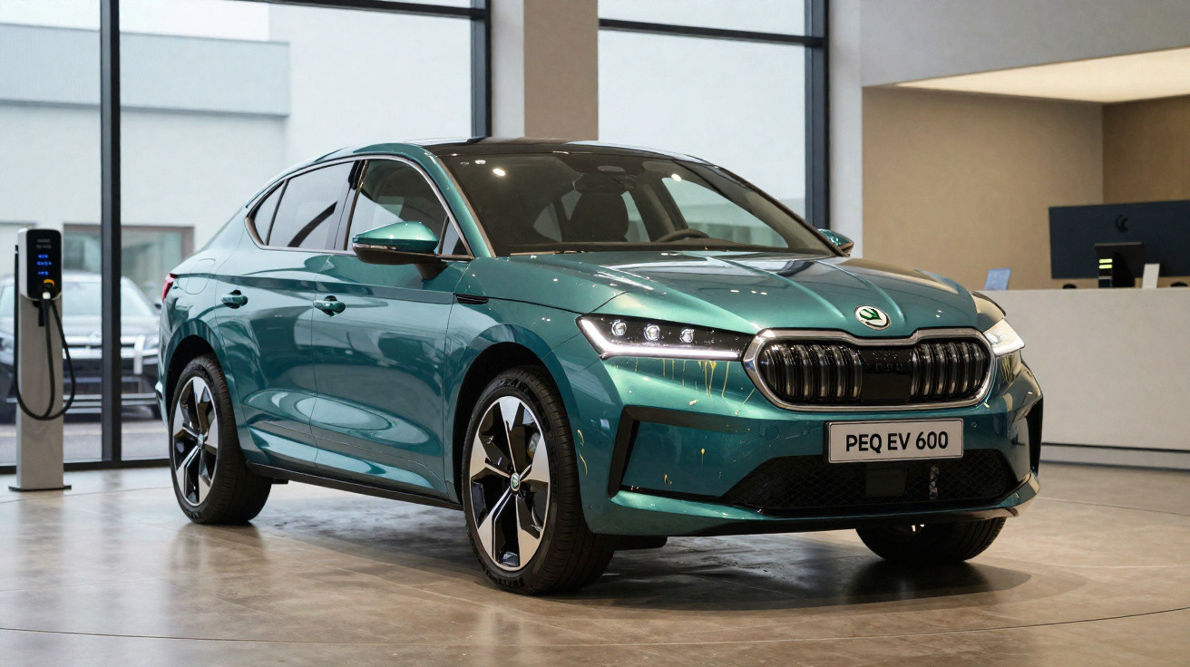Carro elétrico verde metálico Škoda PEQ EV 600 exibido em showroom moderno e iluminado.
