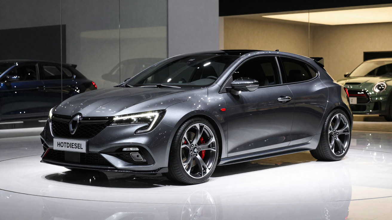 Carro hatch cinza metálico esportivo exibido em showroom moderno com piso branco e iluminação intensa.