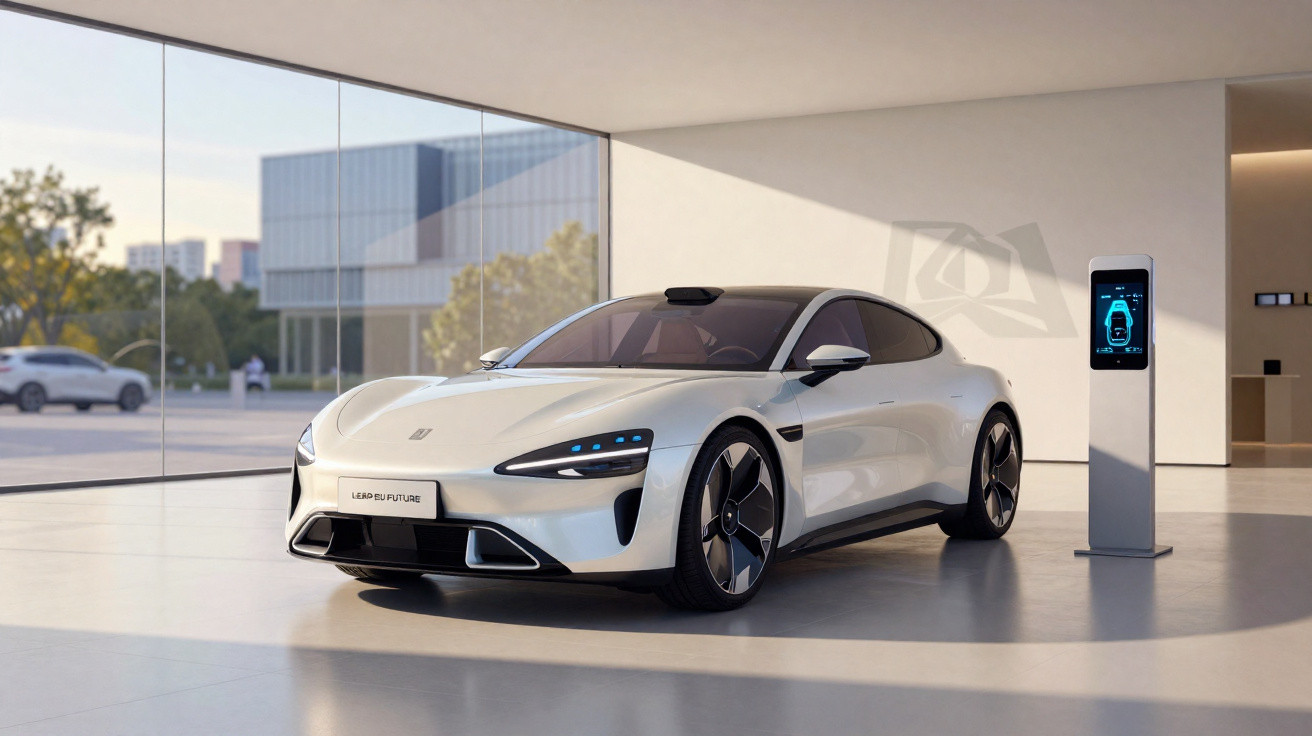 Carro elétrico branco moderno exibido em showroom minimalista com painel digital ao lado.