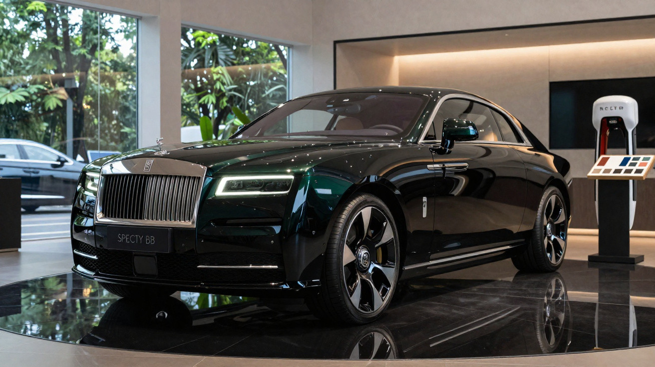 Carro esportivo de luxo preto exposto em showroom moderno com iluminação suave e paredes claras.