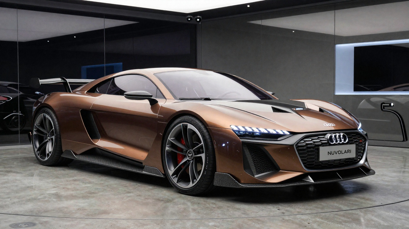 Carro esportivo Audi R8 cobre em exposição com rodas grandes e luzes diurnas de LED acesas.