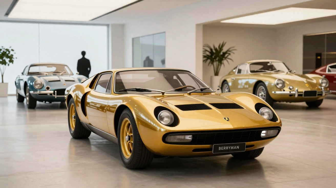 Carros esportivos clássicos dourados exibidos em sala de exposição moderna com piso de concreto.