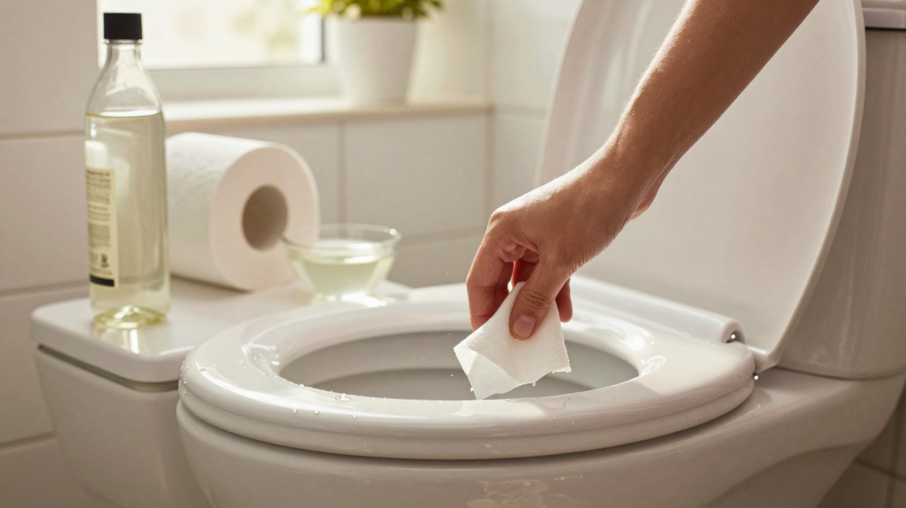 Mão limpando borda do vaso sanitário com papel, ao fundo garrafa, rolo de papel higiênico e planta.