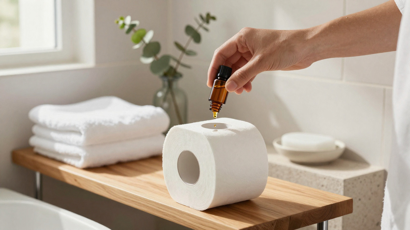 Pessoa pingando óleo essencial em difusor de ambiente em formato de papel higiênico sobre bancada de madeira.