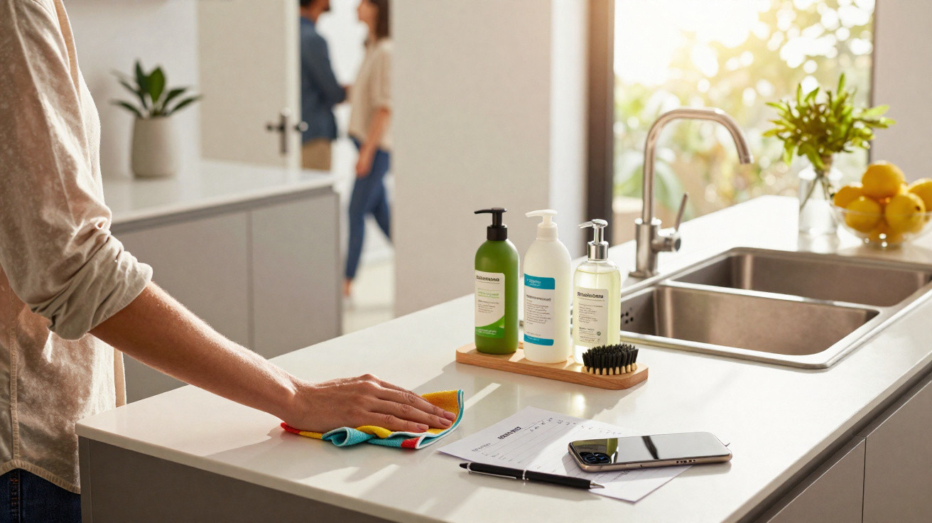 Pessoa limpando bancada de cozinha com pano colorido, ao lado de produtos de higiene, celular e documentos.
