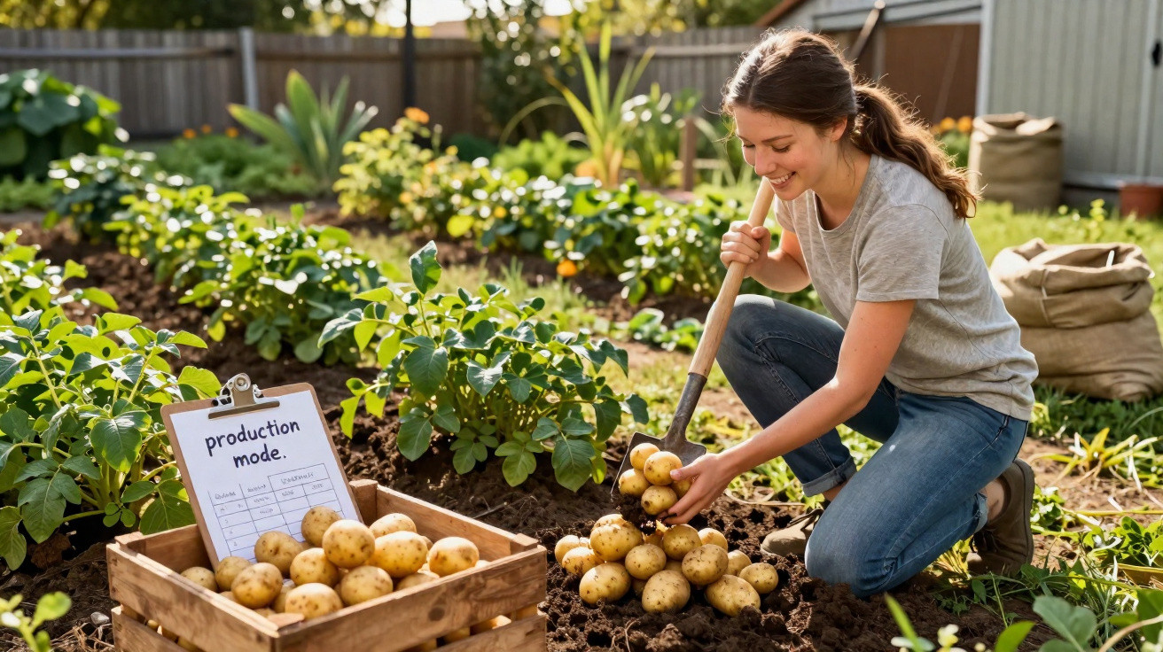 Mulher colhendo batatas em horta com caixa cheia de batatas e prancheta ao lado.