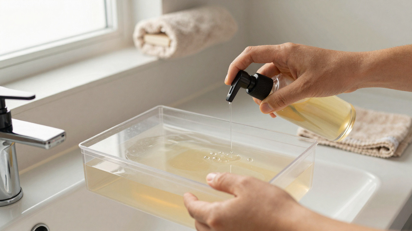 Mãos segurando frasco e depositando líquido em recipiente transparente sobre pia de banheiro.