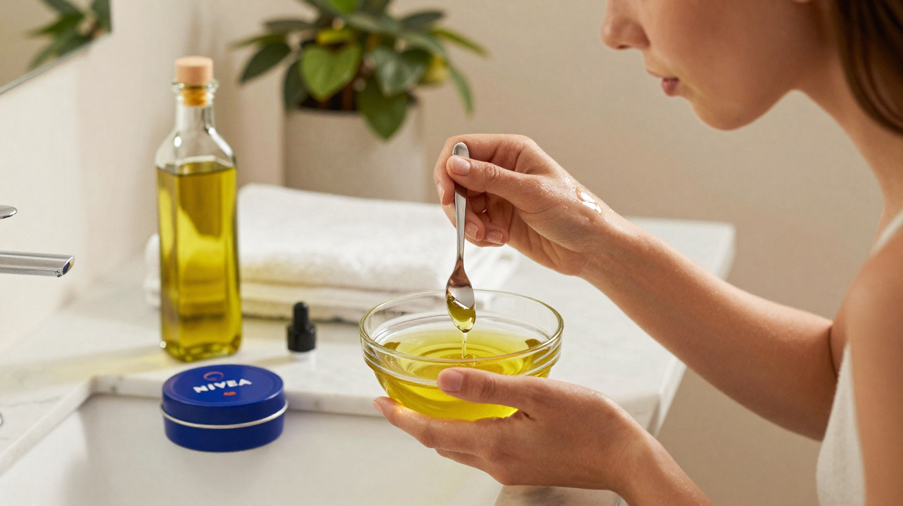 Pessoa segurando tigela com óleo e colher, ao lado de creme Nivea e toalha no banheiro.