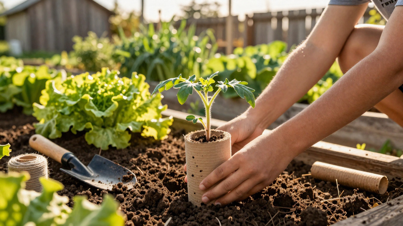 Mãos plantando muda em vaso biodegradável em canteiro de jardim com hortaliças ao fundo.