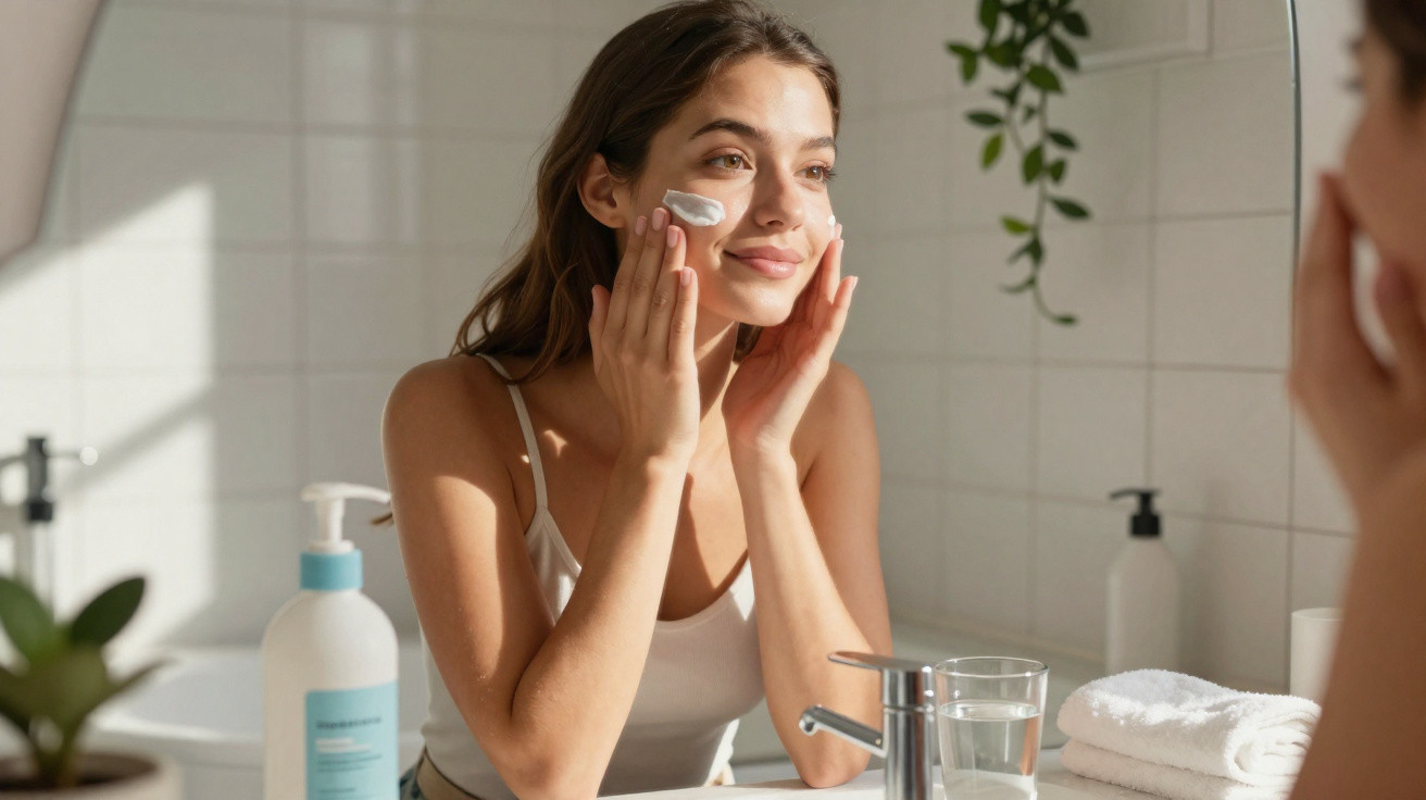 Mulher aplicando creme facial no rosto em frente ao espelho no banheiro.