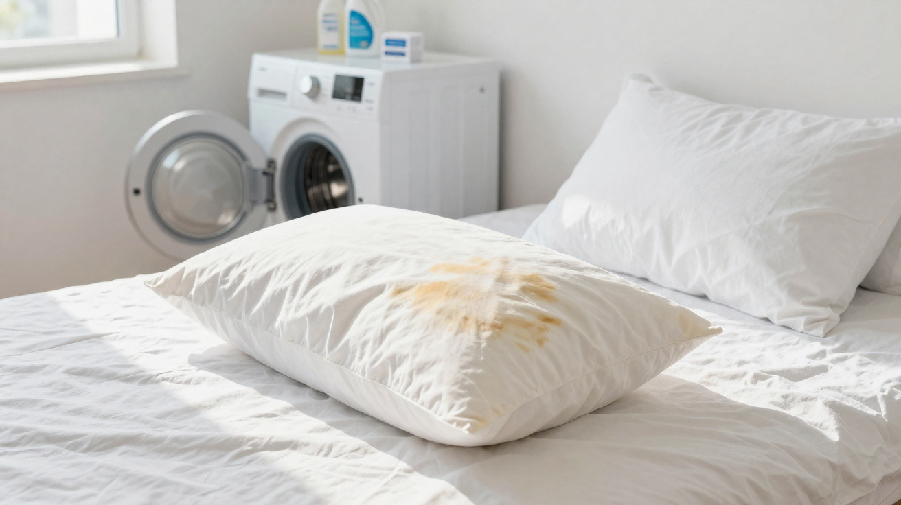 Travesseiro branco com mancha amarela sobre cama branca, ao fundo máquina de lavar roupas aberta.