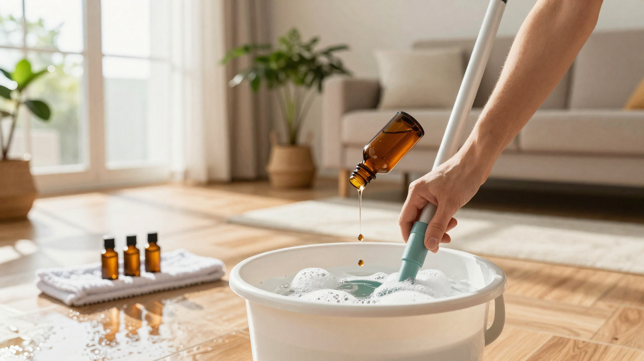Pessoa adicionando óleo essencial em balde com água e espuma para limpeza no chão da sala.