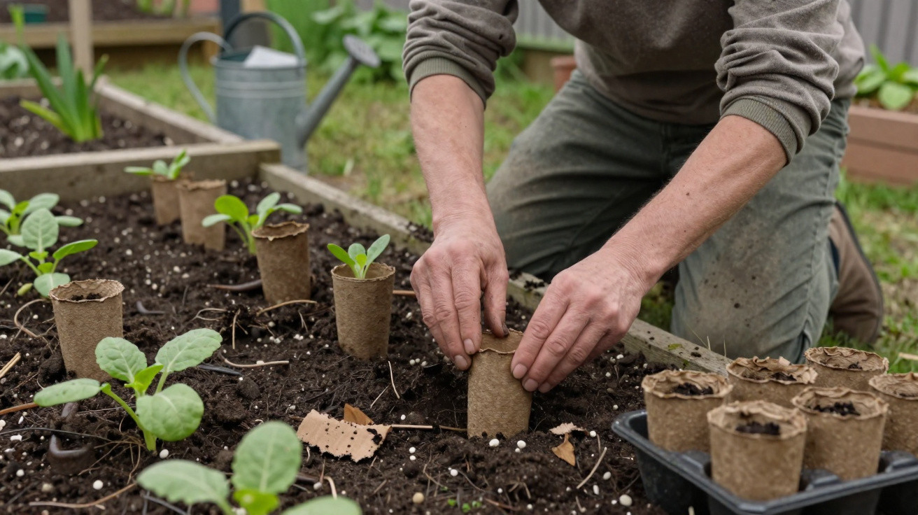 Pessoa plantando mudas em vasos biodegradáveis em canteiro de terra com regador ao fundo no jardim.