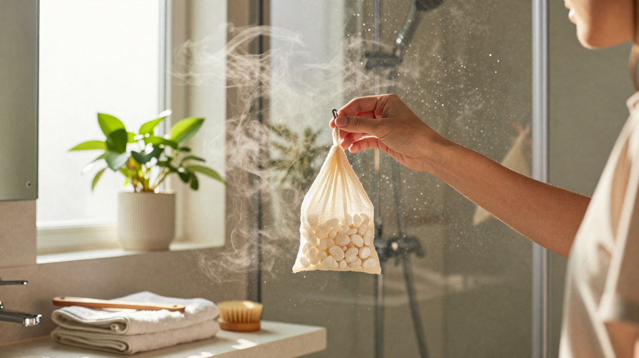 Mão segurando sachê de algodão branco em banheiro com vapor próximo a janela e toalhas.