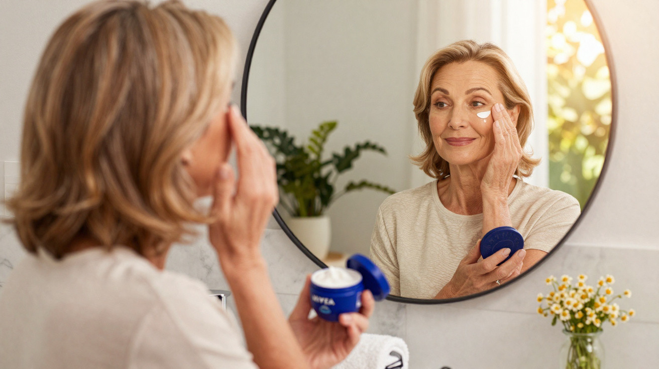 Mulher madura aplicando creme facial e olhando no espelho em banheiro iluminado.