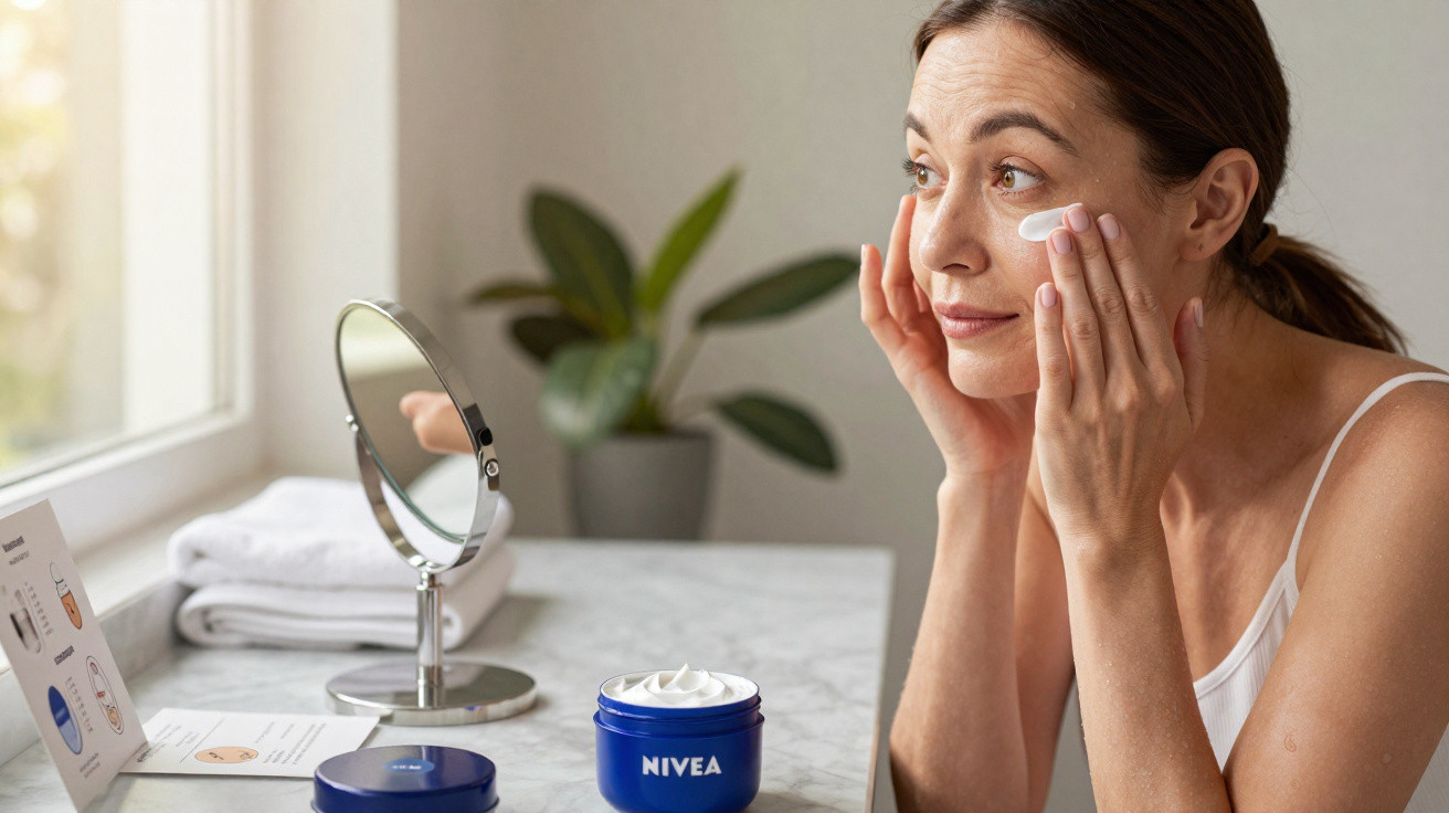Mulher aplica creme facial Nivea no rosto sentada perto da janela em ambiente iluminado.