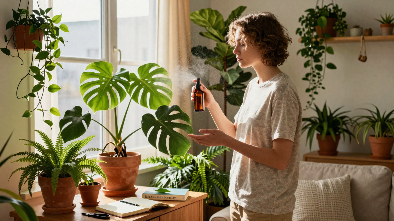 Mulher borrifando água em plantas dentro de casa, rodeada por várias plantas em vasos.