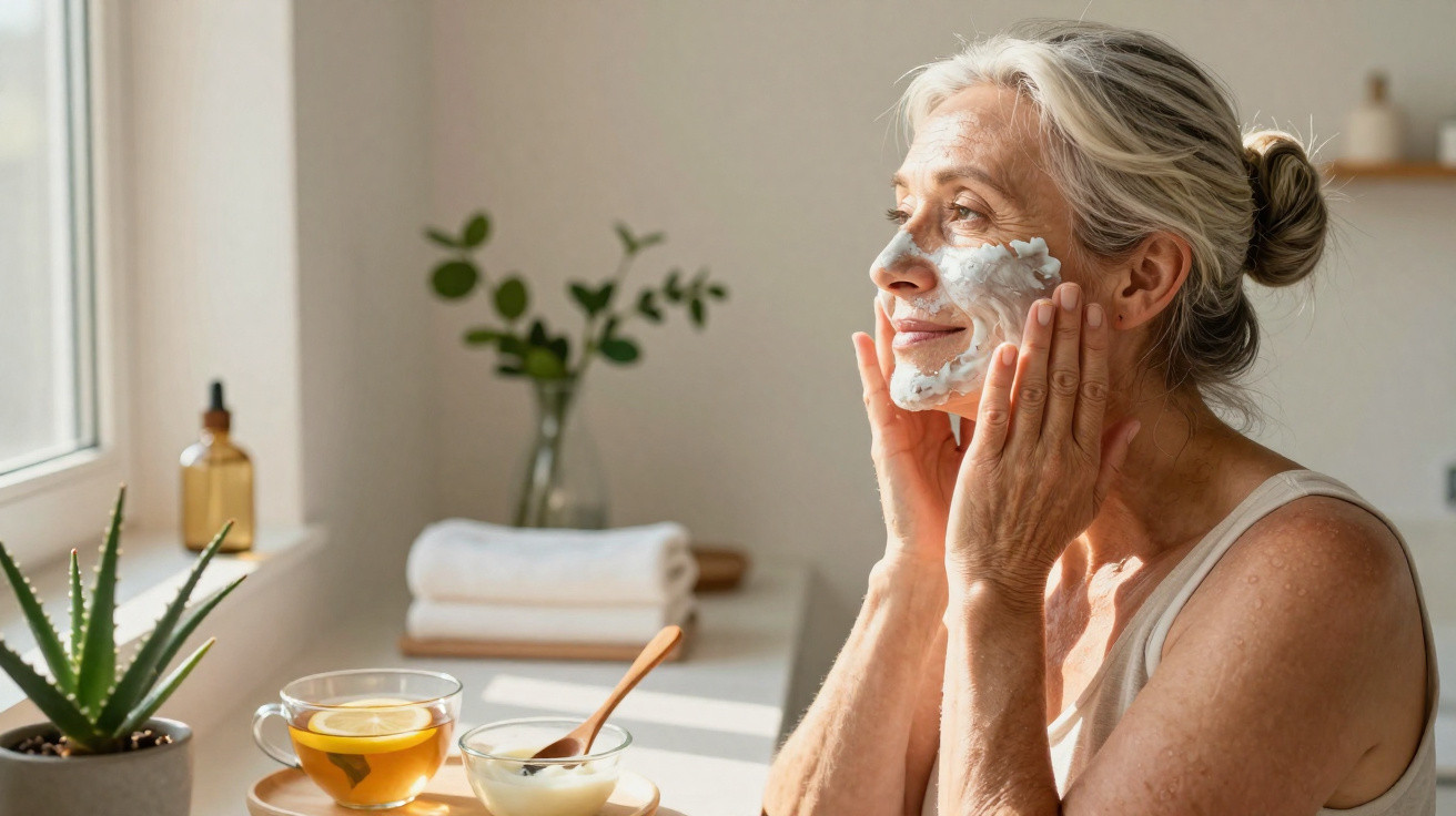 Mulher madura aplicando creme facial com expressão calma em ambiente iluminado e decorado.