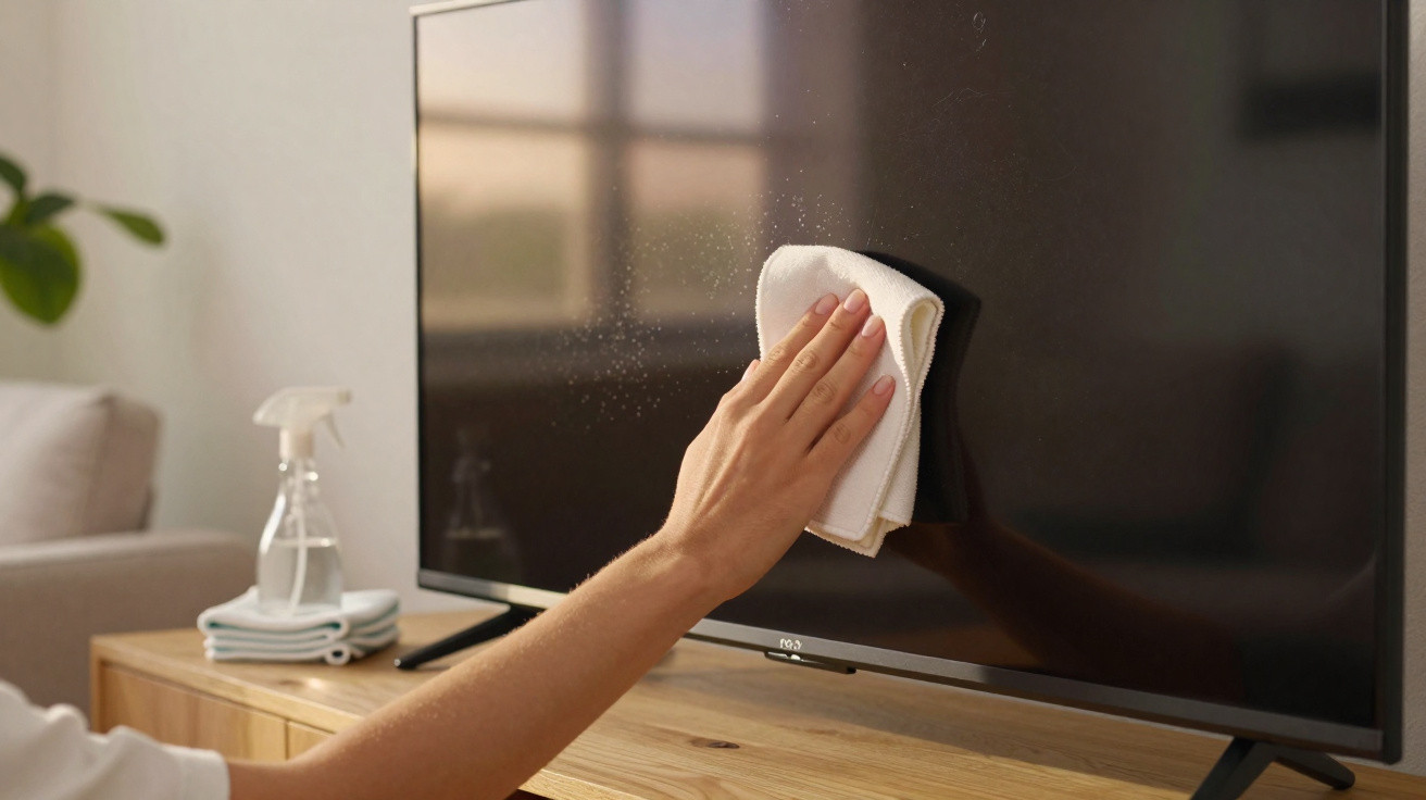 Pessoa limpando a tela de uma televisão com um pano branco em ambiente interno.
