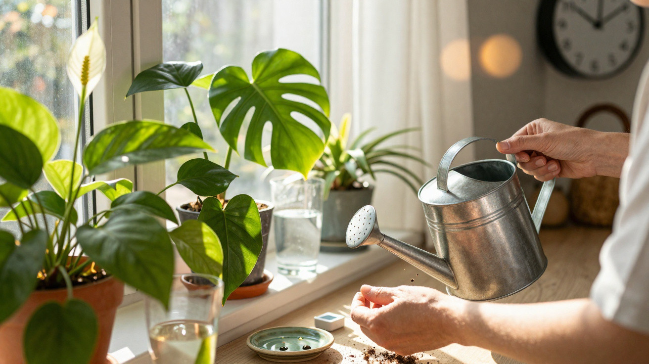 Pessoa regando planta com regador metálico perto de janela com plantas em vaso na luz do dia.