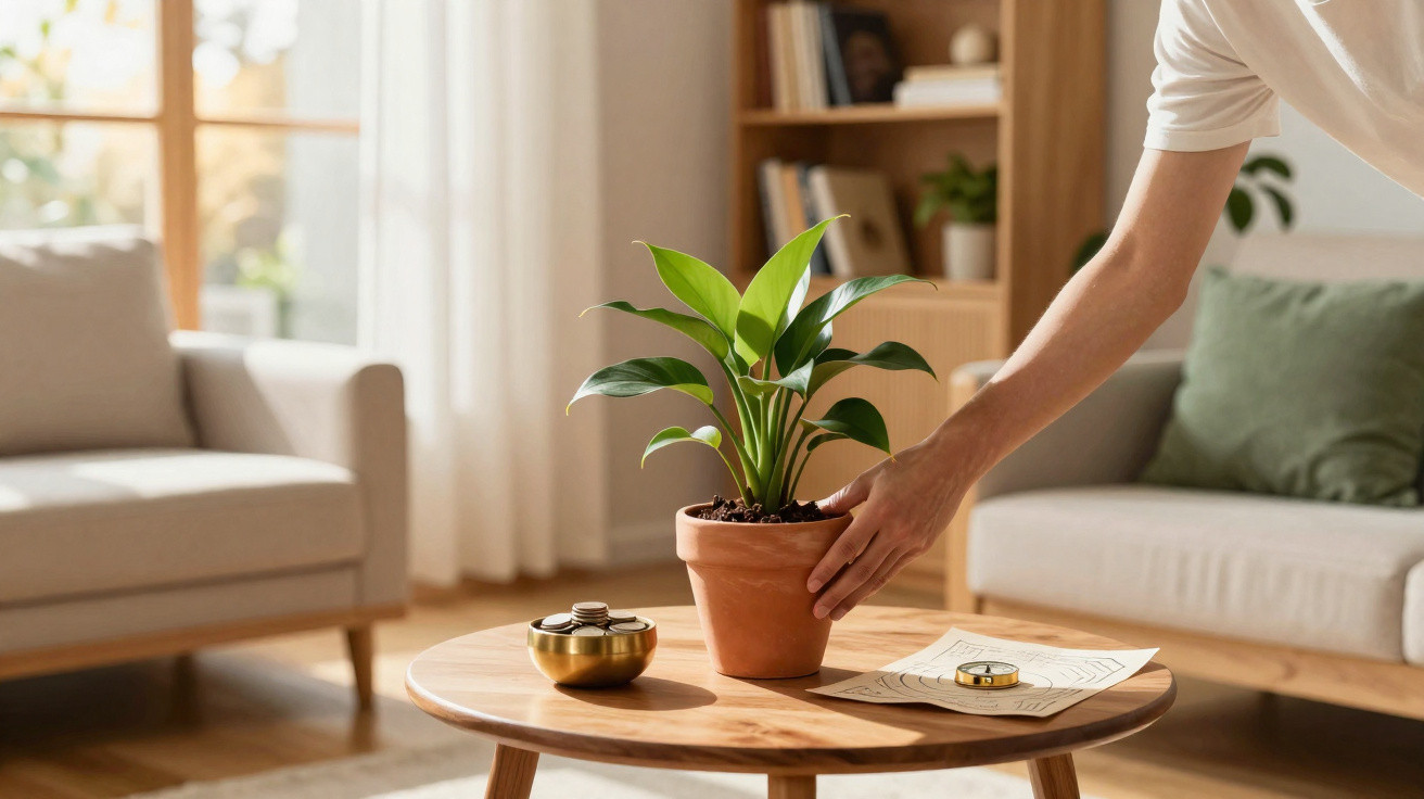 Pessoa ajusta vaso com planta verde sobre mesa de madeira em sala iluminada e decorada.