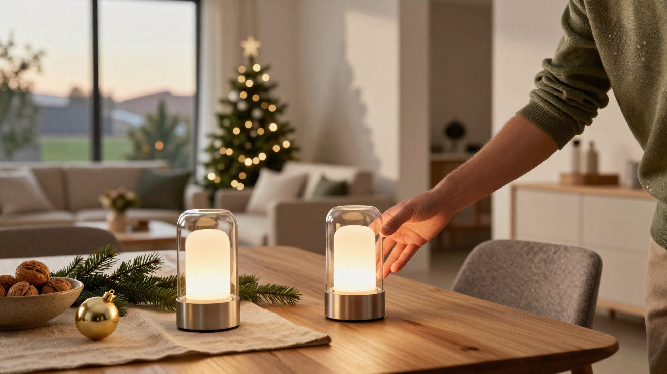 Pessoa acende luminária em mesa de madeira com decoração natalina e árvore de Natal ao fundo.