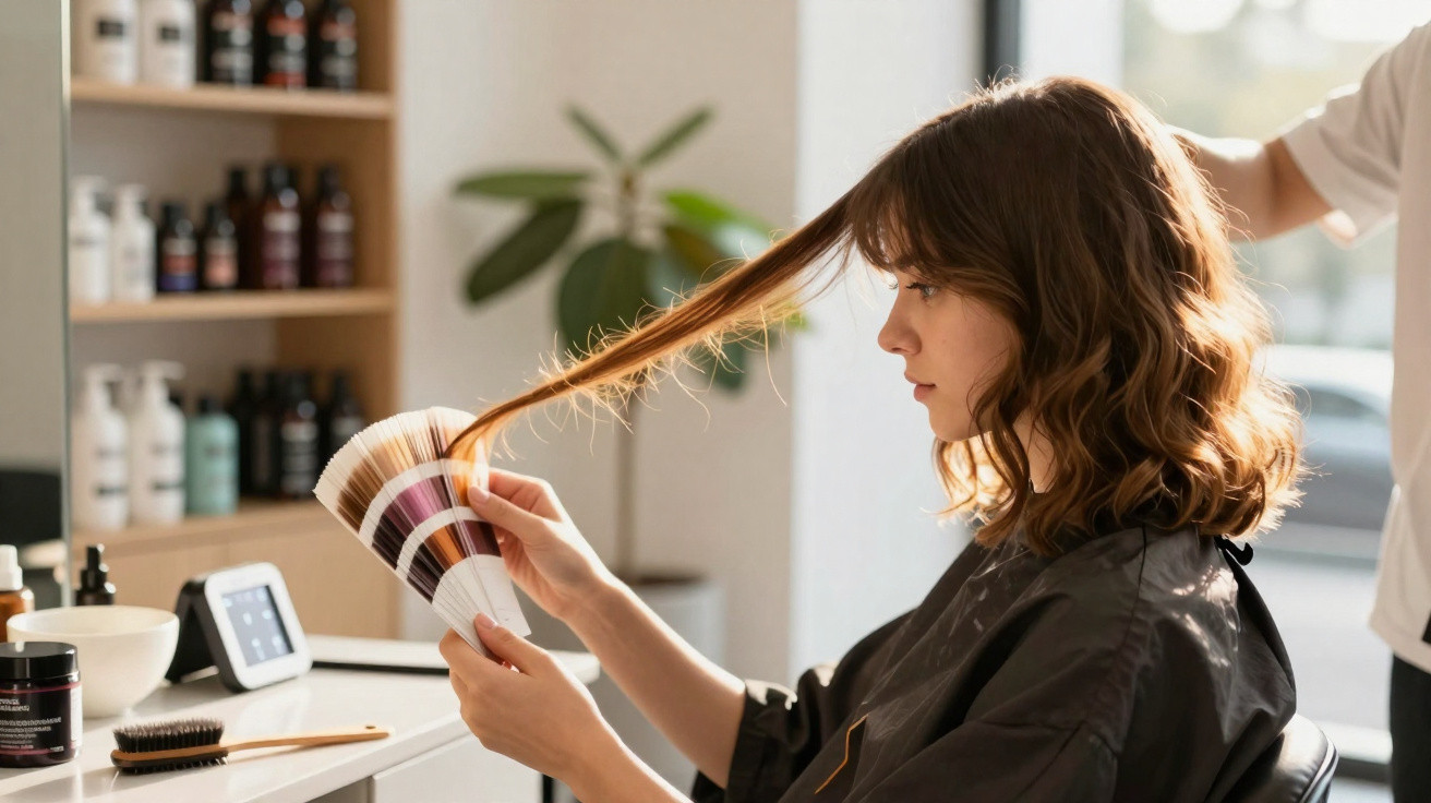 Mulher em salão de beleza segurando uma amostra de cores de cabelo para escolher tonalidade.